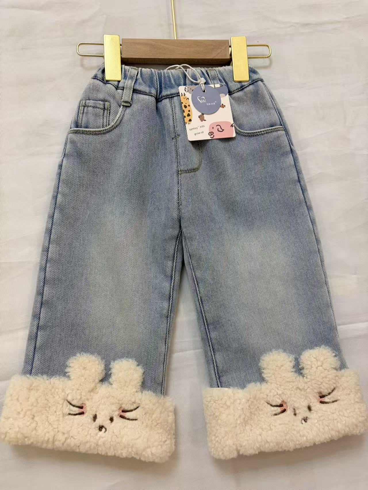 冬季高腰女童牛仔裤女宝冬季韩版水洗葵花籽绒加绒加厚可爱洋气