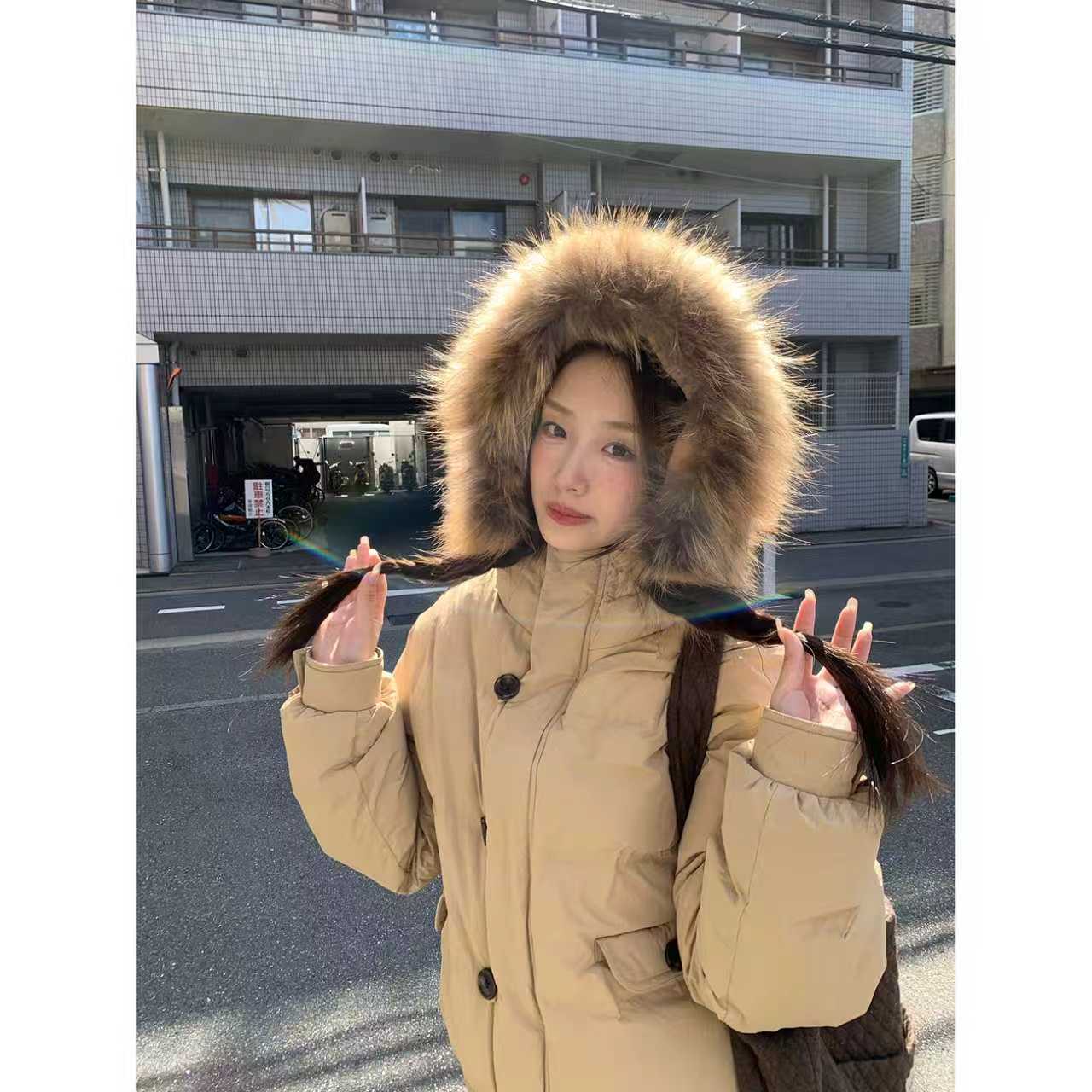 霍里德地图 复古可拆卸貉子毛领短款连帽90白鸭绒羽绒服女冬外套