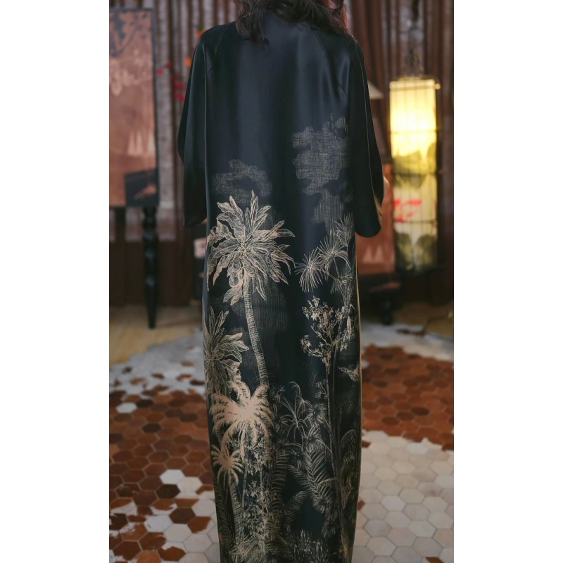 [时安]香云纱新中式重锻复古显瘦春秋宽松女士国风腔调长款连衣裙