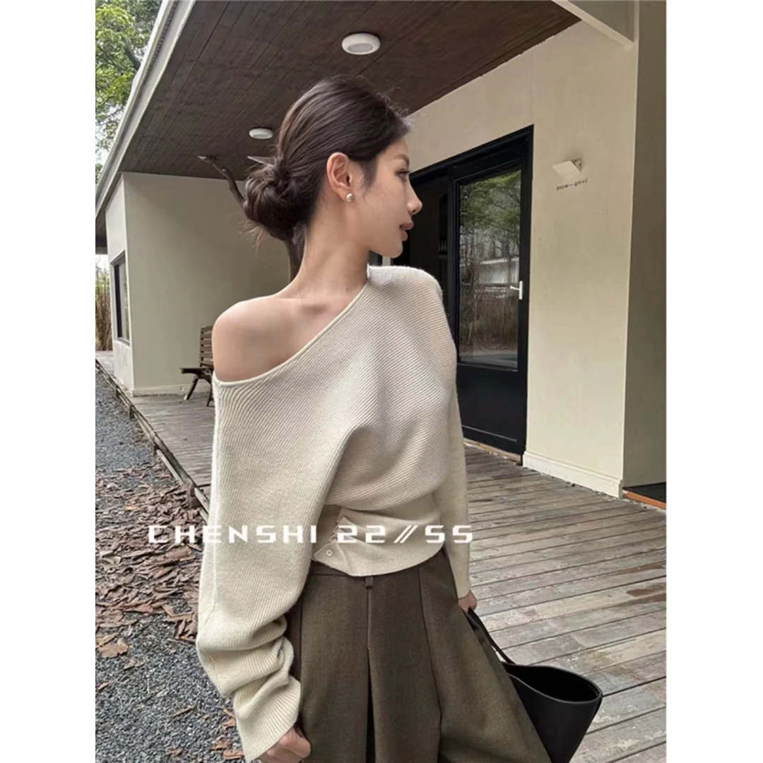 【源头工厂】露肩长袖毛衣女秋季新款时髦个性褶皱收腰针织上衣女