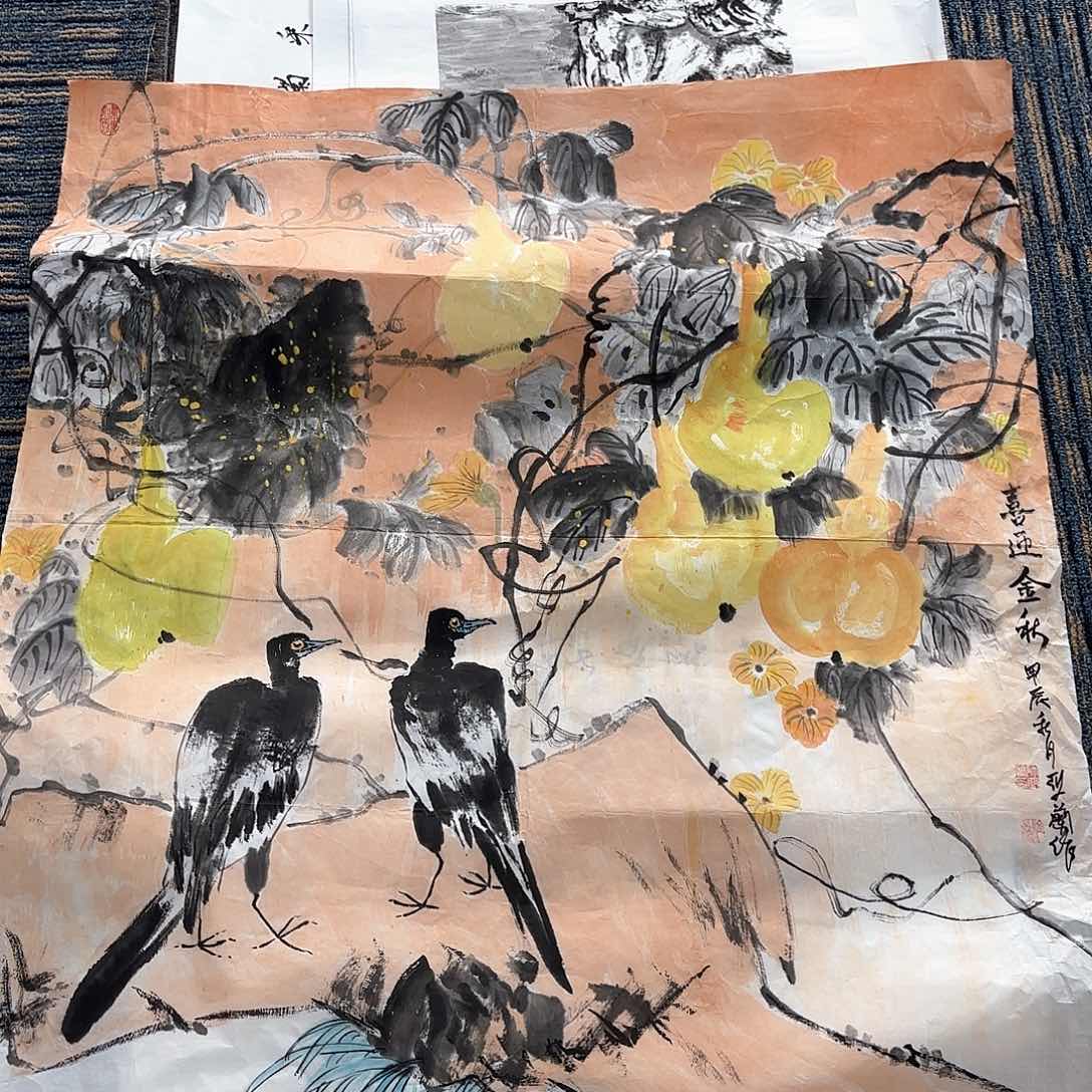 国画师亚兰六尺斗方花鸟朱