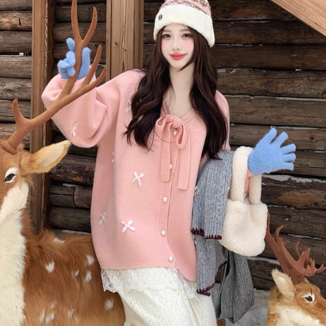 慵懒感蝴蝶结蕾丝拼接宽松针织开衫毛衣