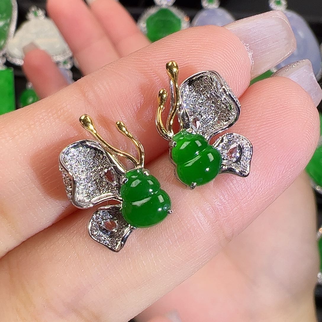 翡翠耳饰18K金镶嵌葫芦