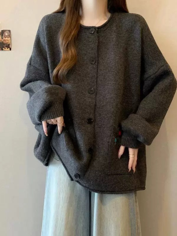 法式复古圆领女装针织女毛衣毛针织衫纯色宽松慵懒风休闲套头