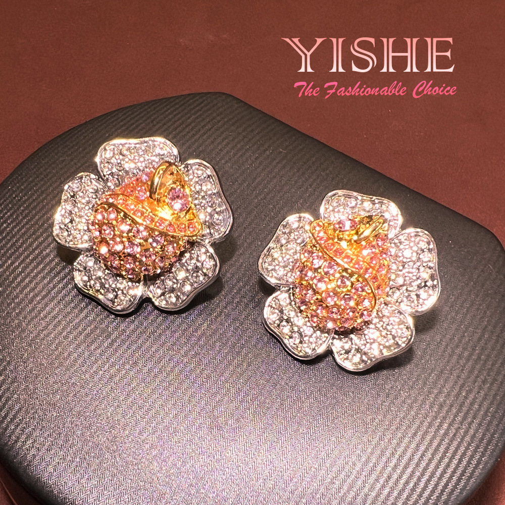 铜合金耳饰 新款满镶郁金香花朵耳钉 精致立体S925镀真金高级感