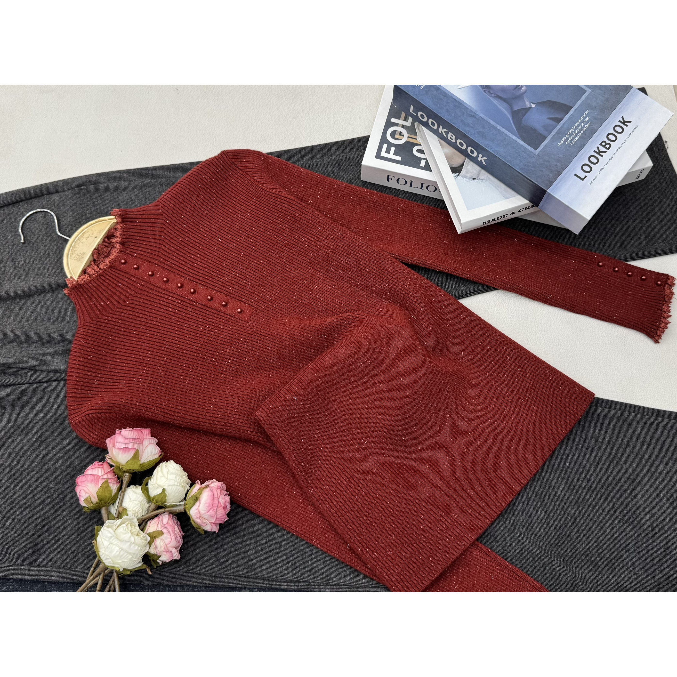 【蕾丝边银丝套头红】秋冬新款时尚长袖针织上衣QC6035