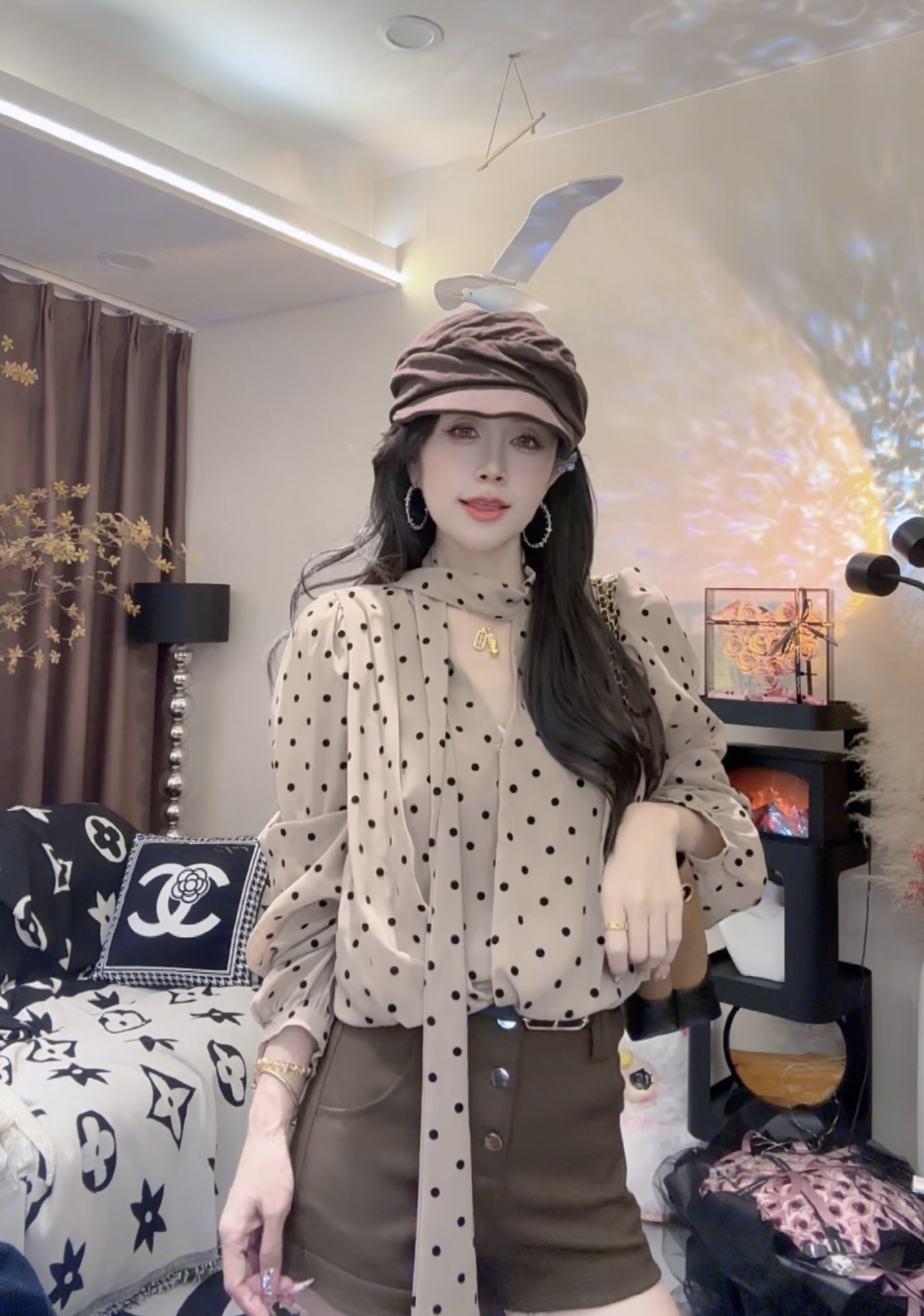 L.X~法式波点飘带V领长袖衬衫女纯欲千金风显瘦名媛气质上衣6900
