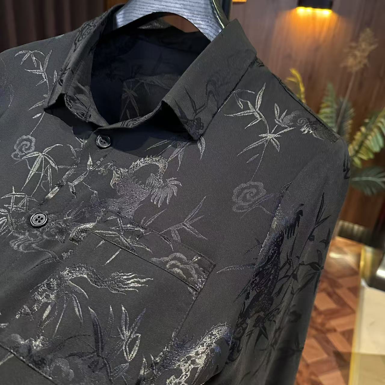 新款百搭秋季休闲男士常规款衬衫提花中国风衬衣醋酸纹