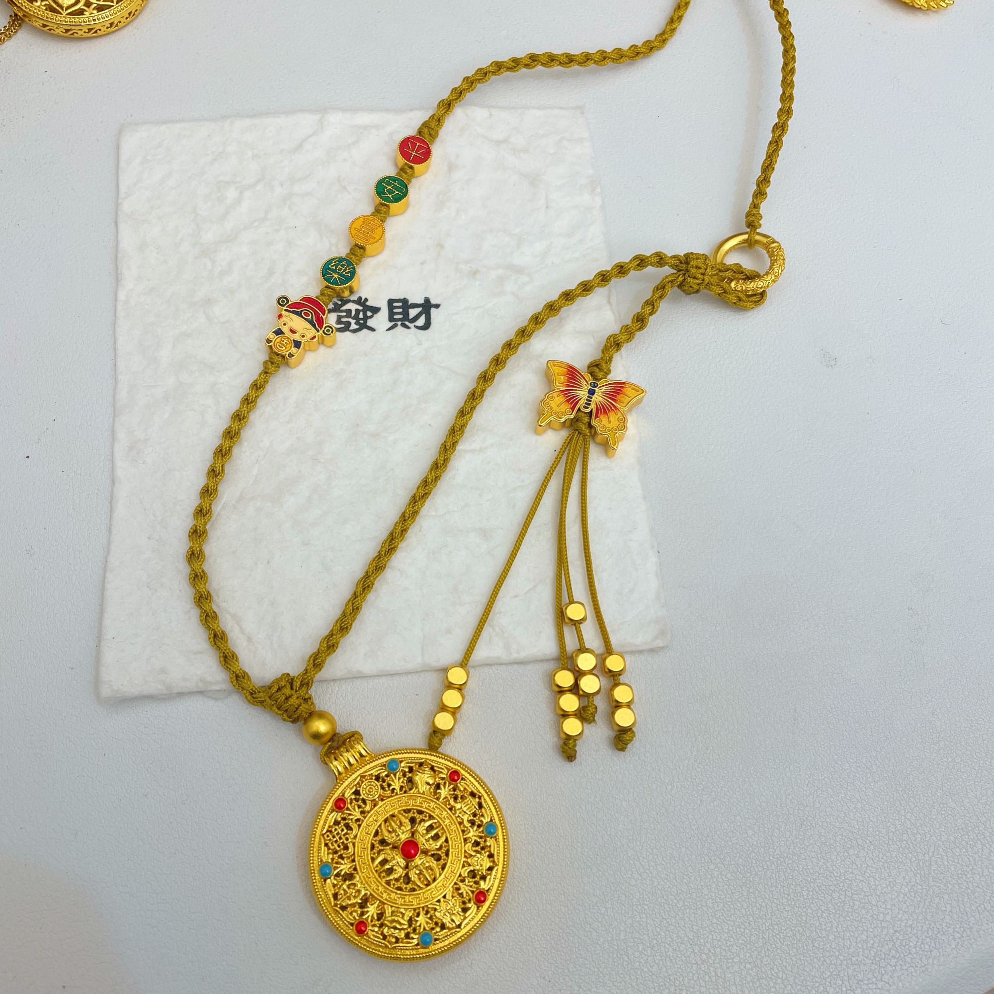 合金吊坠 高级定制系列编绳 平安喜乐黄财神 五帝钱绳子