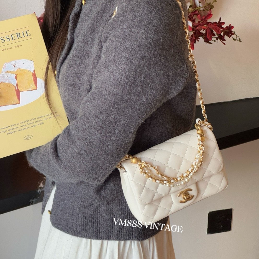 99新 Chanel/香奈儿 24P白金珍珠链条方胖子单肩包/69479经典时尚
