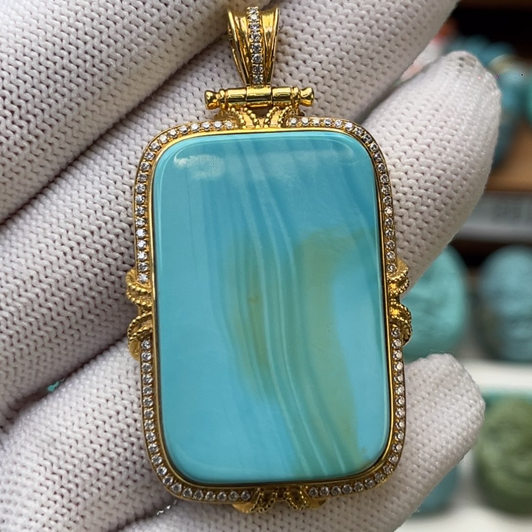 绿松石未镶嵌珠宝奇石水波纹金吊坠