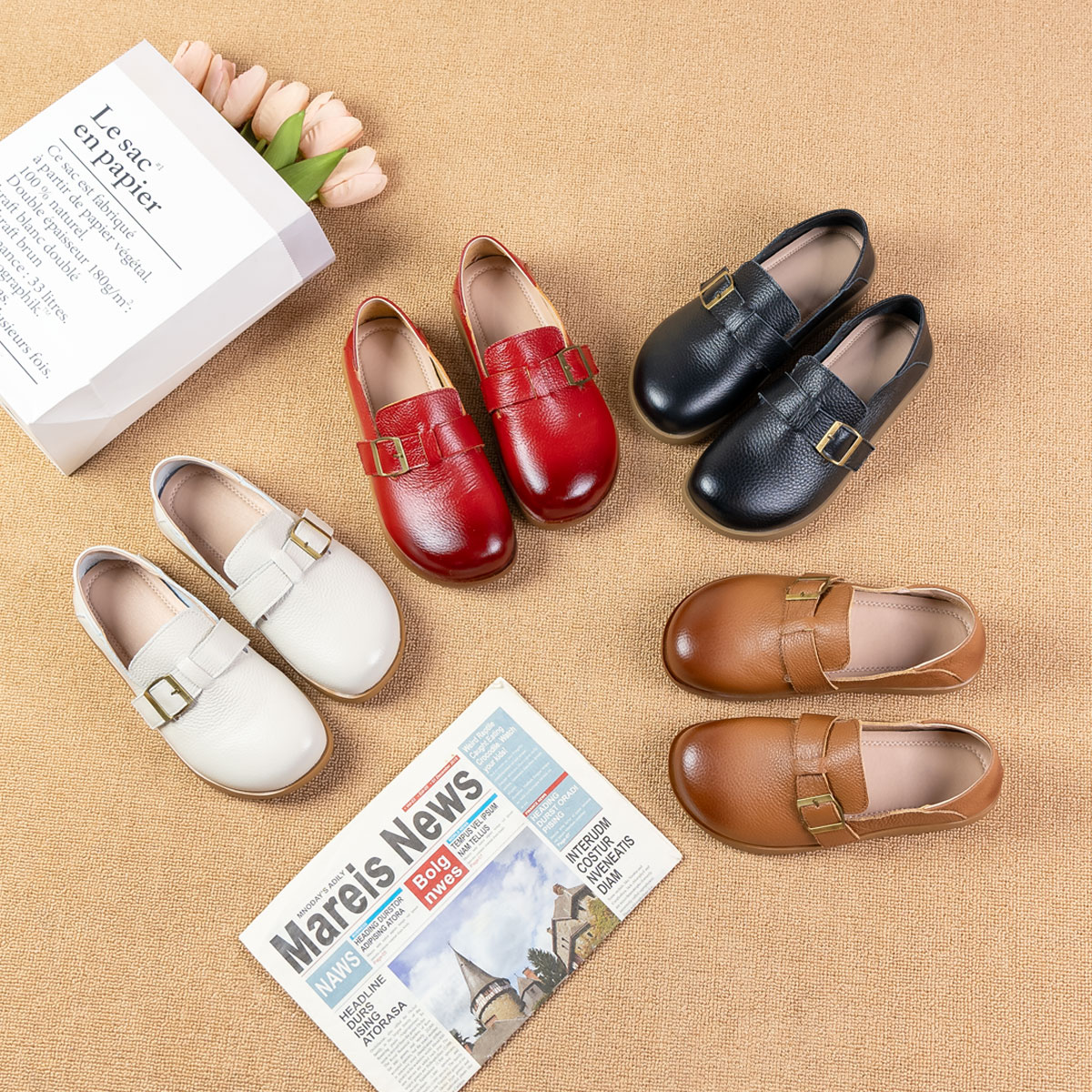 2025新款春秋舒适软底真皮妈妈鞋平底百搭复古女单鞋 0992