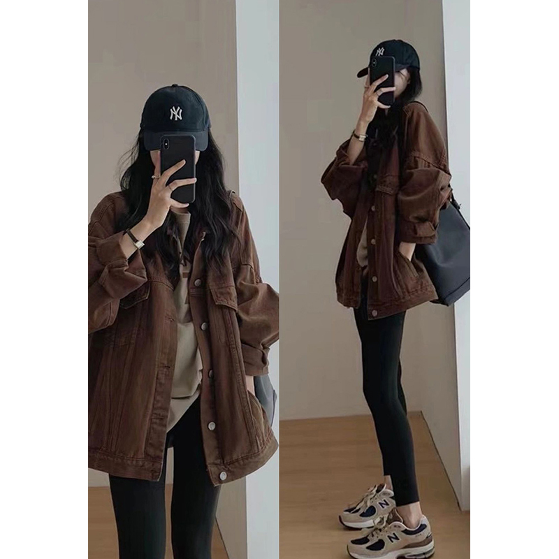 美拉德复古咖色牛仔外套女春秋季新款韩版休闲中长款夹克长袖上衣