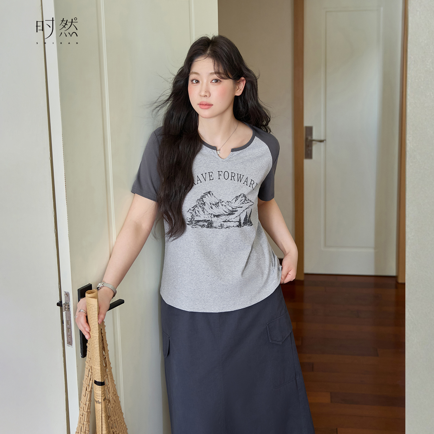 时然【薄雾宣言】微胖大码女装夏新款美式复古休闲百搭撞色短袖t恤