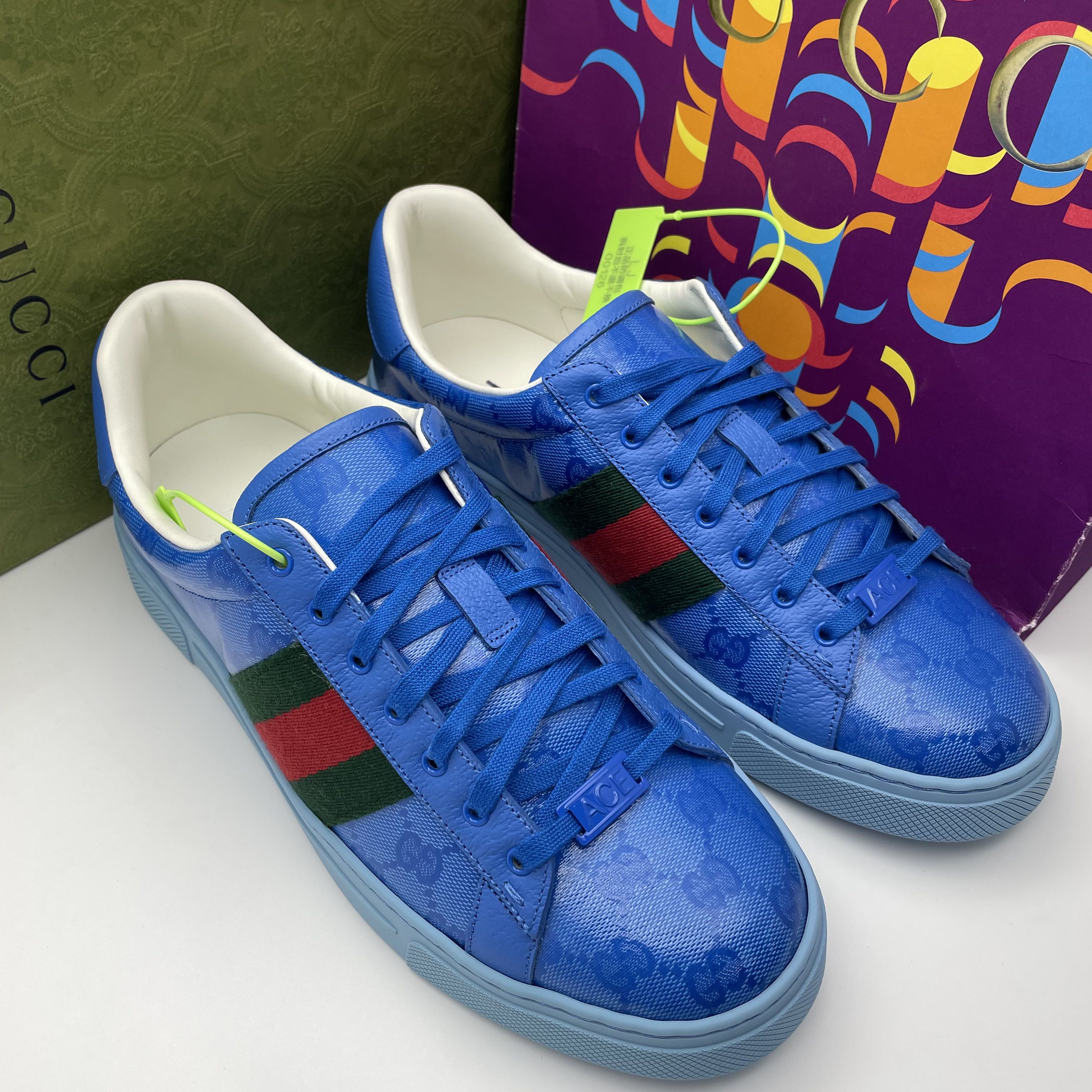 未使用 GUCCI/古驰 42欧码/蓝色ACE双G满印休闲时尚板鞋/全套