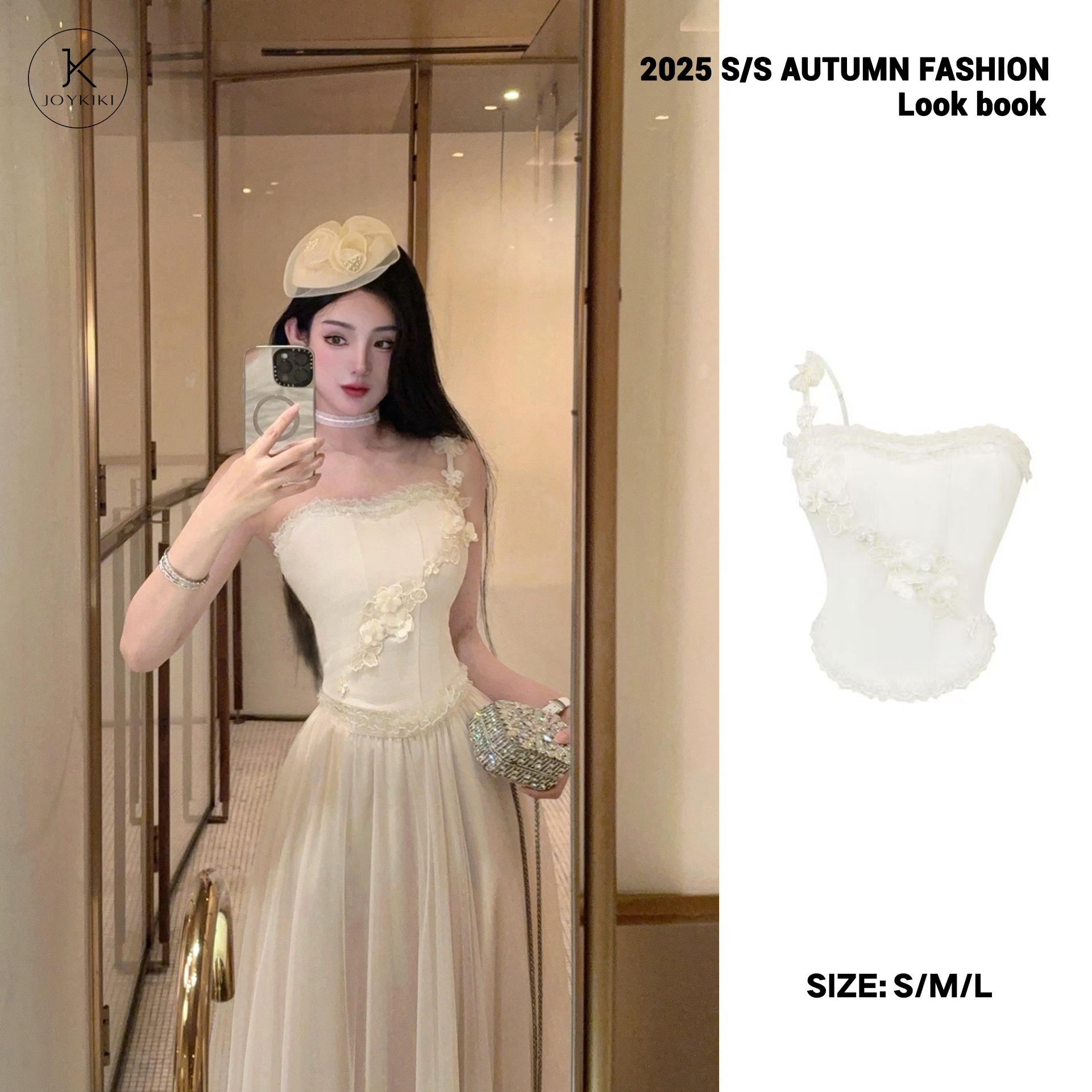 JOY KIKI金金【安妮挚爱】斜肩纯欲高级感立体花朵蕾丝套装J25c470