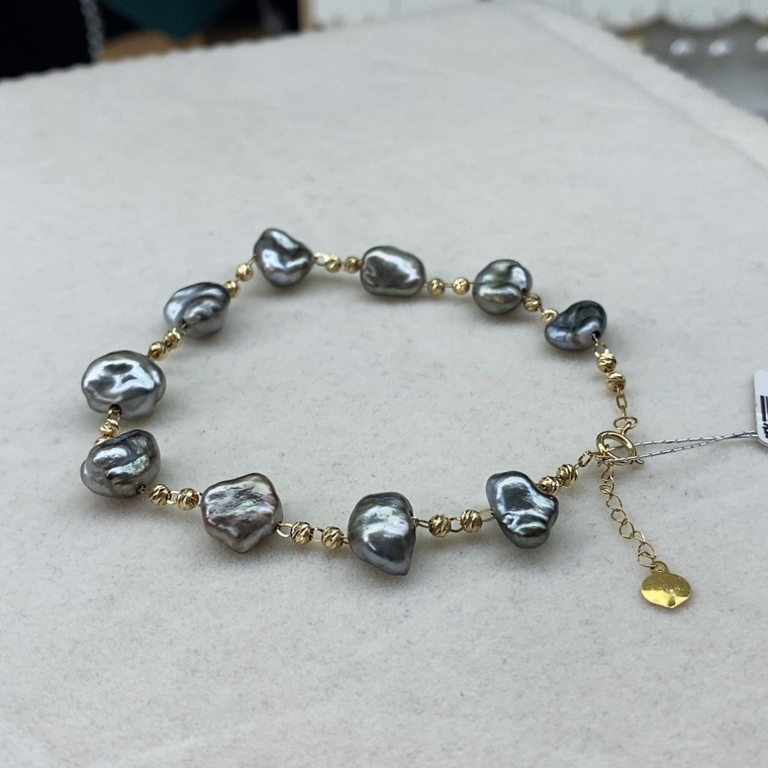 海水珍珠手链18K金镶嵌大溪地Keshi4-8mm