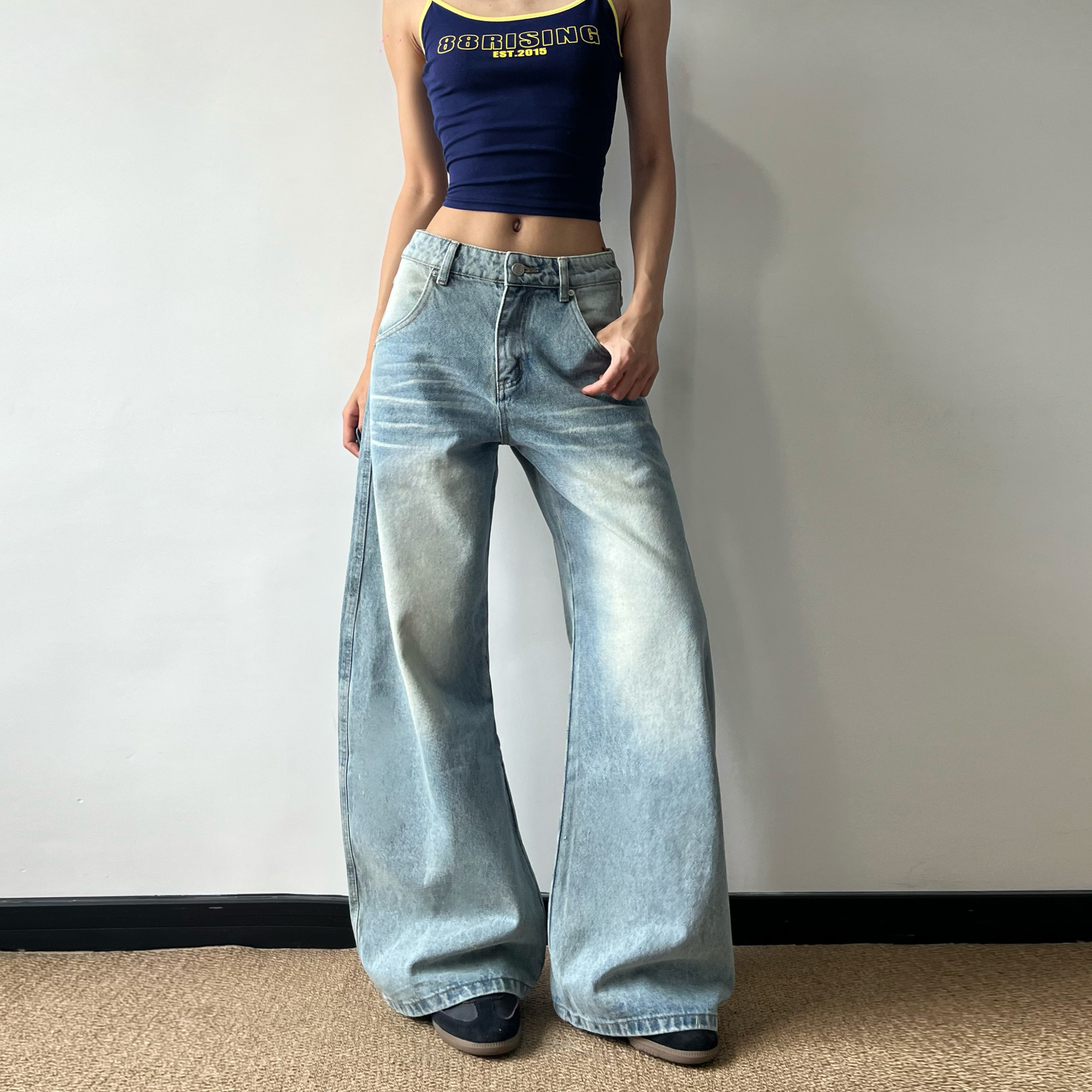 无无厘头美式复古猫须水洗牛仔裤男女cleanfit直筒微喇廓形长裤