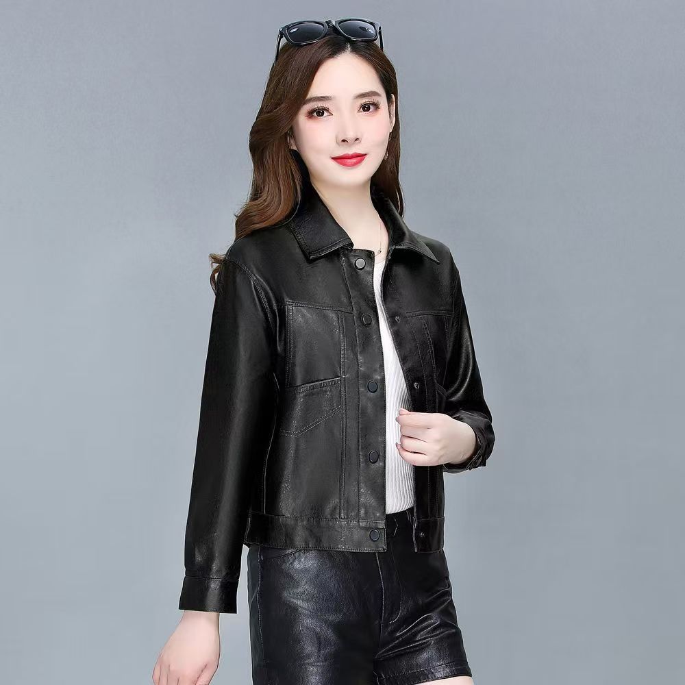 2024绵羊款皮衣春秋短款宽松女士休闲时尚皮衣外套皮夹克P226