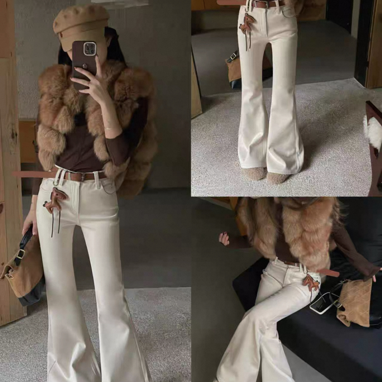 【Five】2025秋冬卡其色加绒直筒微喇牛仔裤高腰修身不贴腿长裤