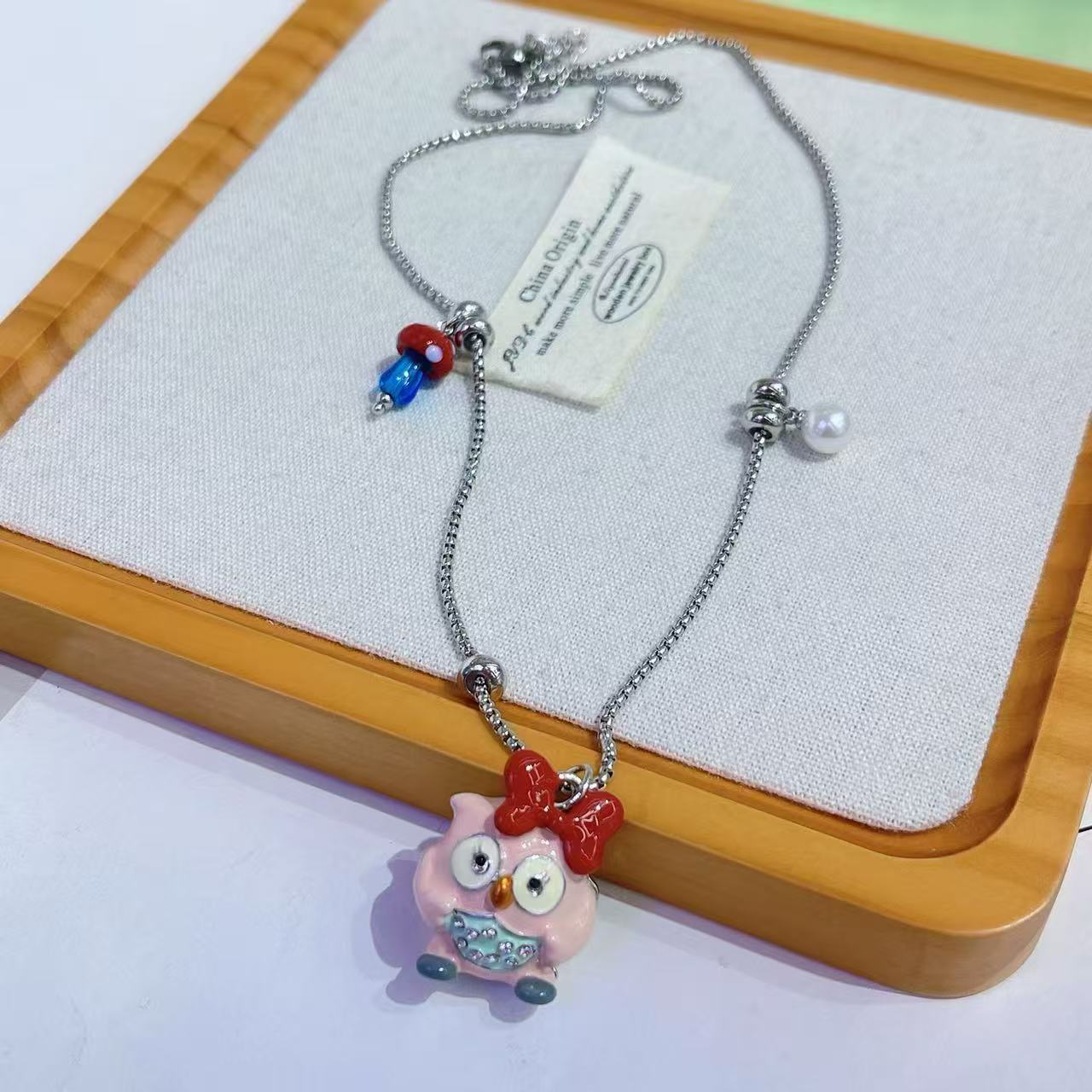 B900粉色猫头鹰小蘑菇项链