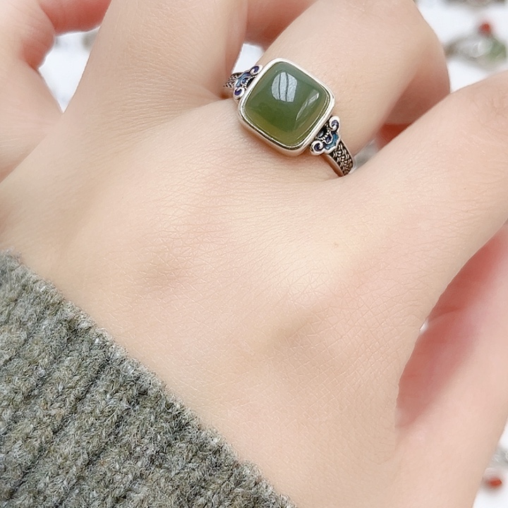 和田玉戒指银S925镶嵌天然