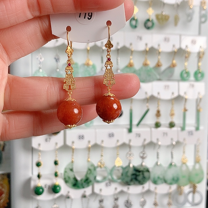 和田玉耳饰银S925镶嵌夏**滴翡翠