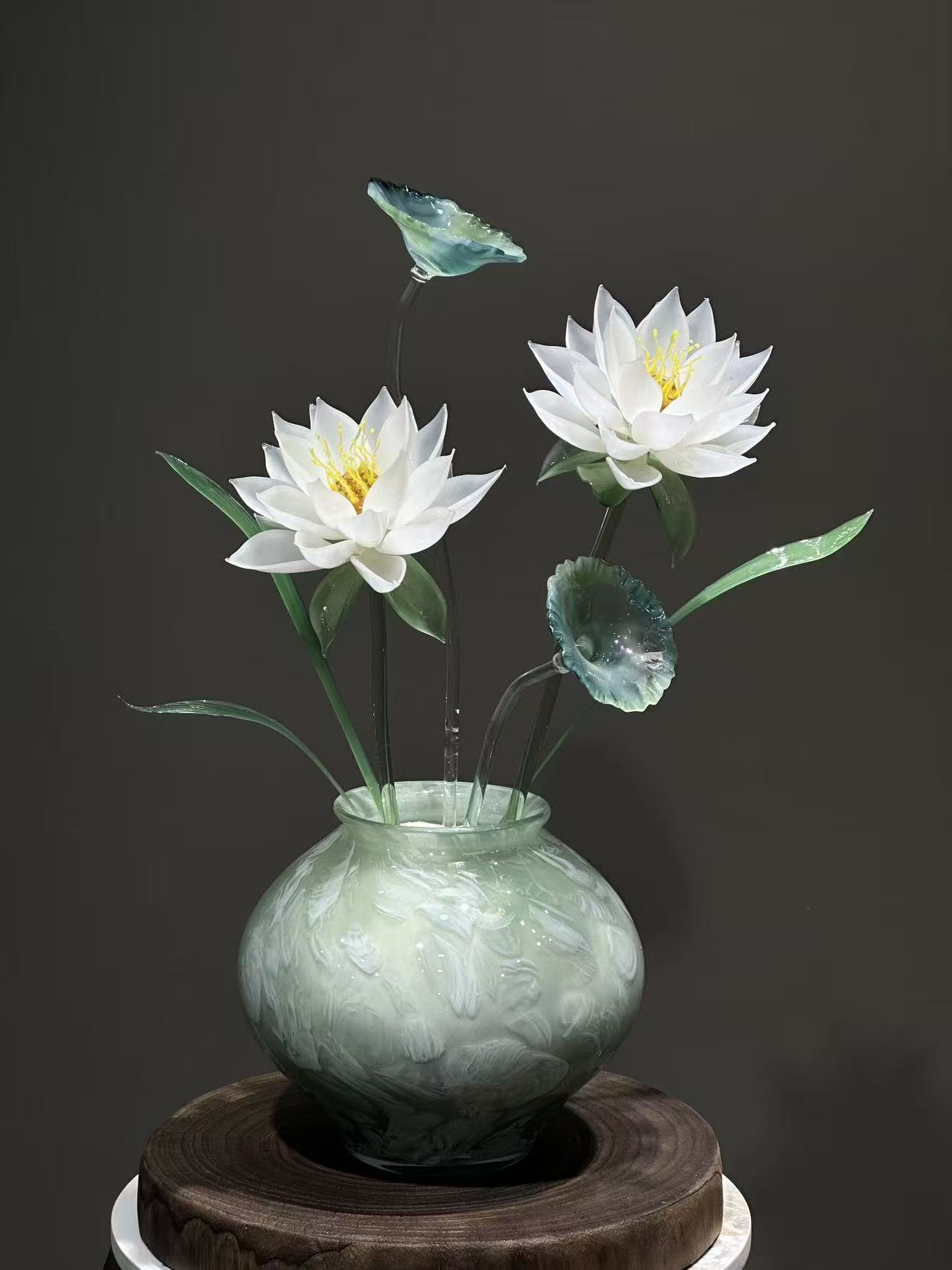 双头白色琉璃莲花摆件玄关摆件佛礼摆件家居客厅高端礼品