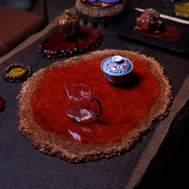 52-48-1.2 缅甸花梨干泡台茶盘瘿木瘤疤双色雕刻茶具托盘家用大号