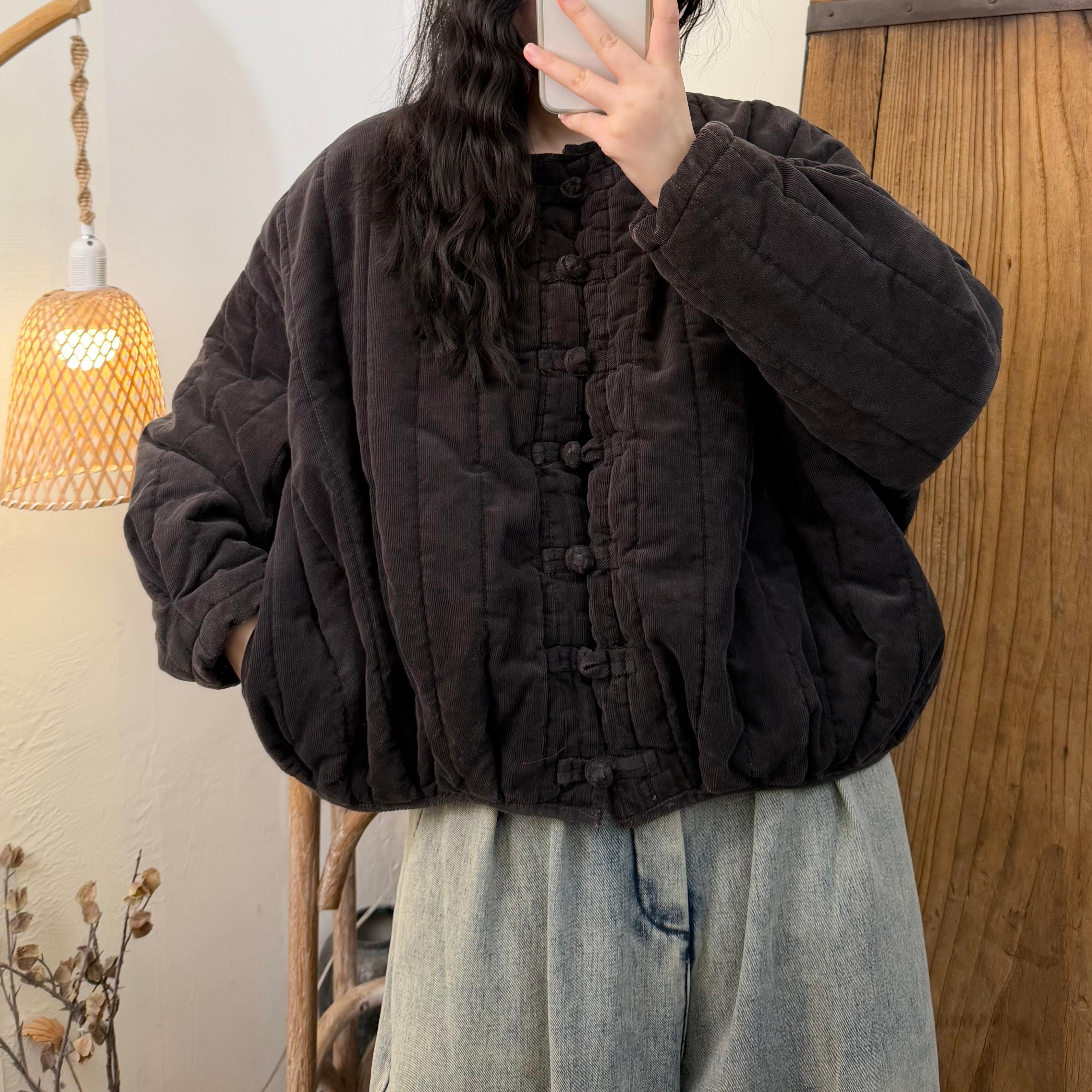 【半奏】冬季新款复古休闲百搭彩色细灯芯绒盘扣南瓜棉服 胸160长58