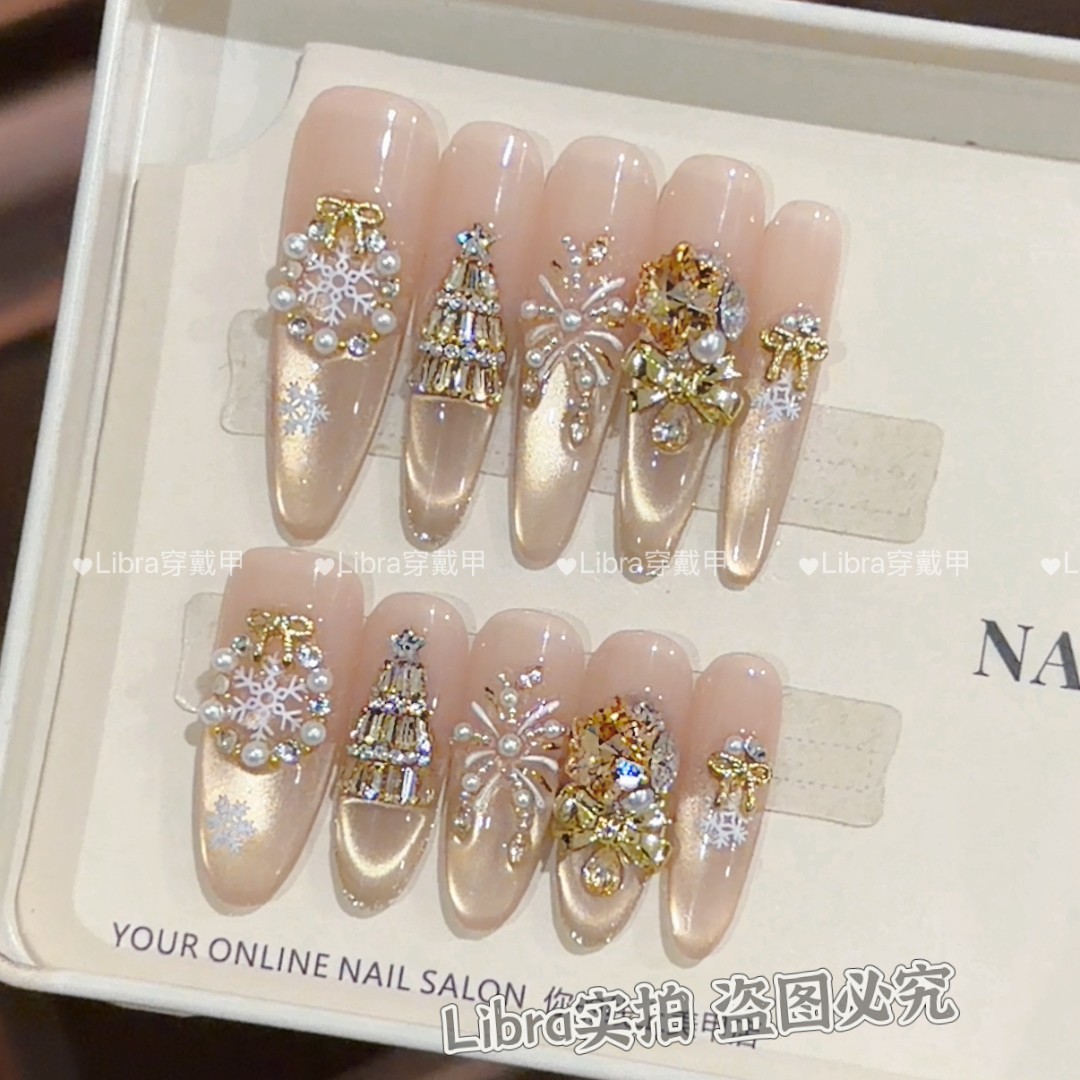 【圣诞星愿】纯手工穿戴甲猫眼美甲贴片可拆卸指甲贴片10片装