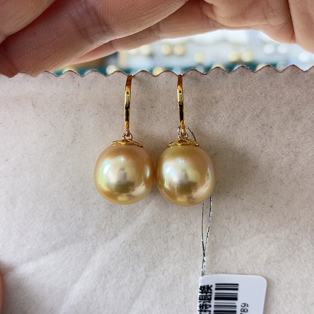 海水珍珠耳饰18K金镶嵌南洋金珠12-13m m