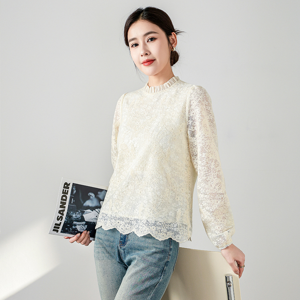 燕苹新冬季加绒厚款保暖简约甜美少女风木耳领蕾丝打底衫ZQY25-01