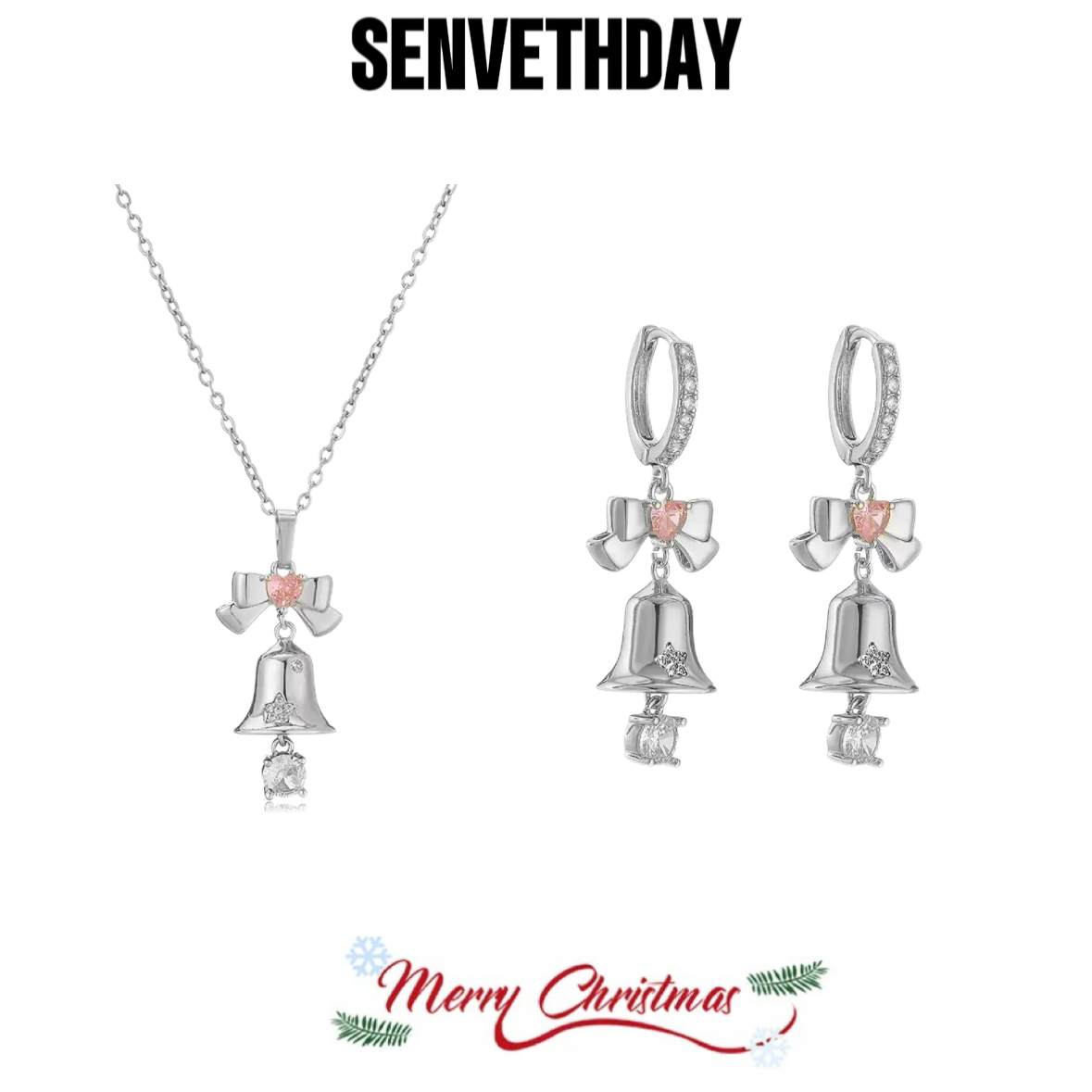 Senveth Day 铜合金项链 粉心许愿圣诞铃项链/耳钉 圣诞送礼小众