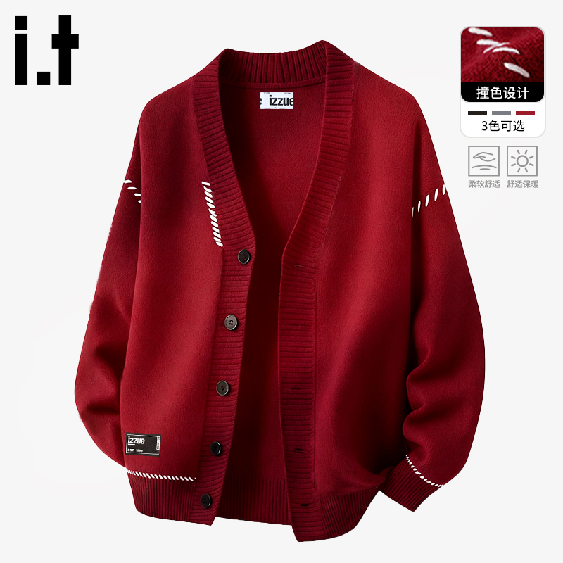 i.t izzue新年红毛衣男女秋冬款时尚撞色V领针织衫本命年男士外套