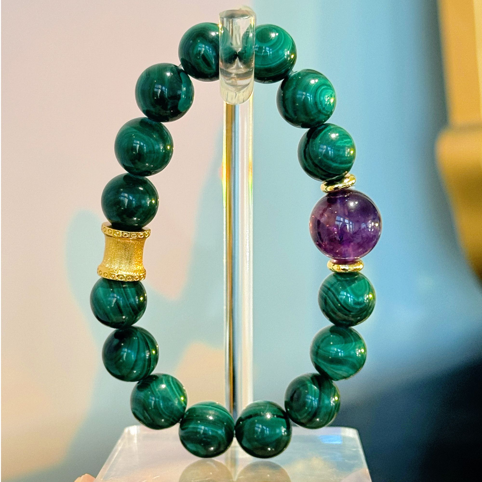 【福富满】天然孔雀石+乌拉圭紫水晶手串 富贵平安幸福 多样性发一