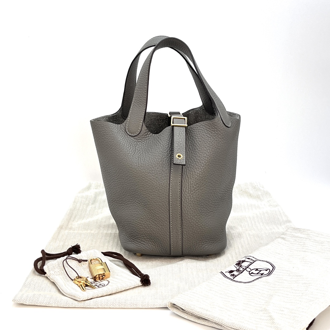 95新 Hermes/爱马仕 积雨云灰金扣18菜篮子手提包 22868 