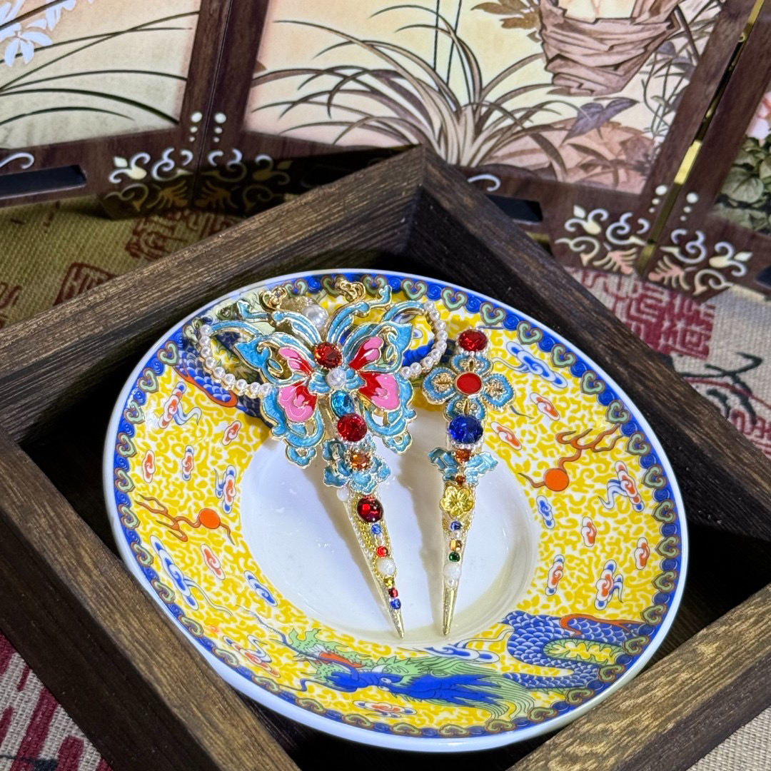 高级重工华丽宫廷风景泰蓝镶钻复古护甲穿戴甲手工女人持久国风