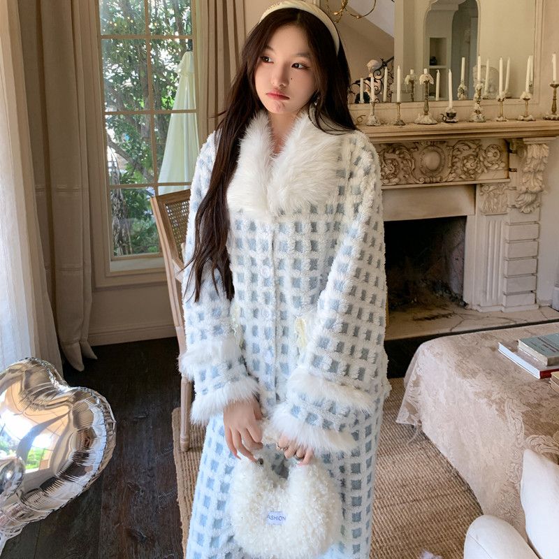 女士韩版冬季超柔套装格子高级感毛毛领保暖舒棉绒可外穿家居服女