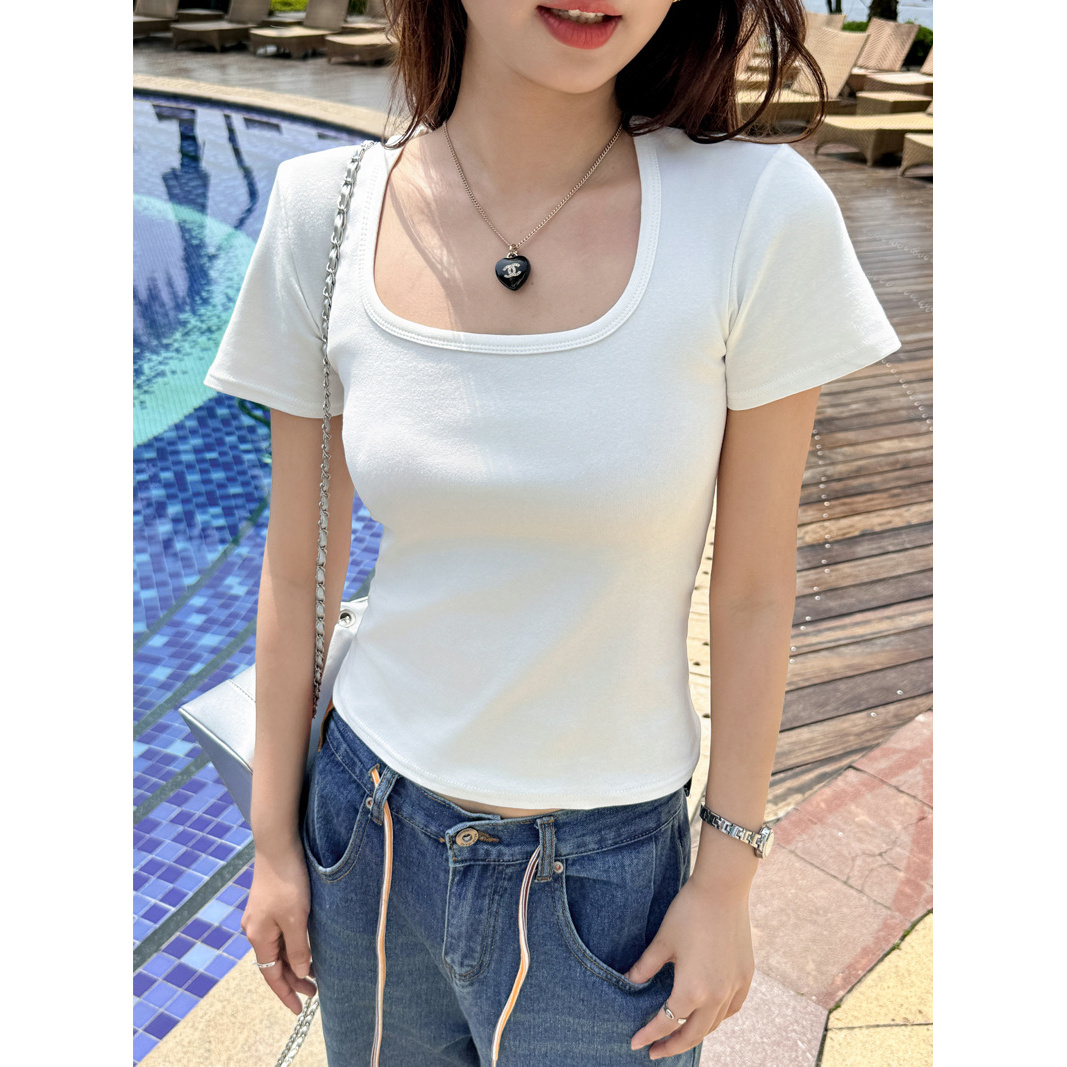 B351-B400棉方领正肩短袖t恤女式春夏季