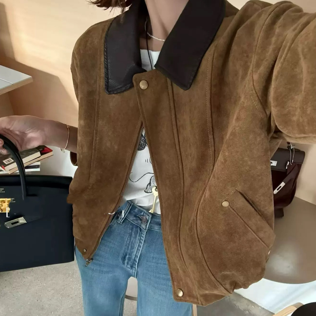 【小白姐姐】美式复古冬季款领拼皮厚实外套