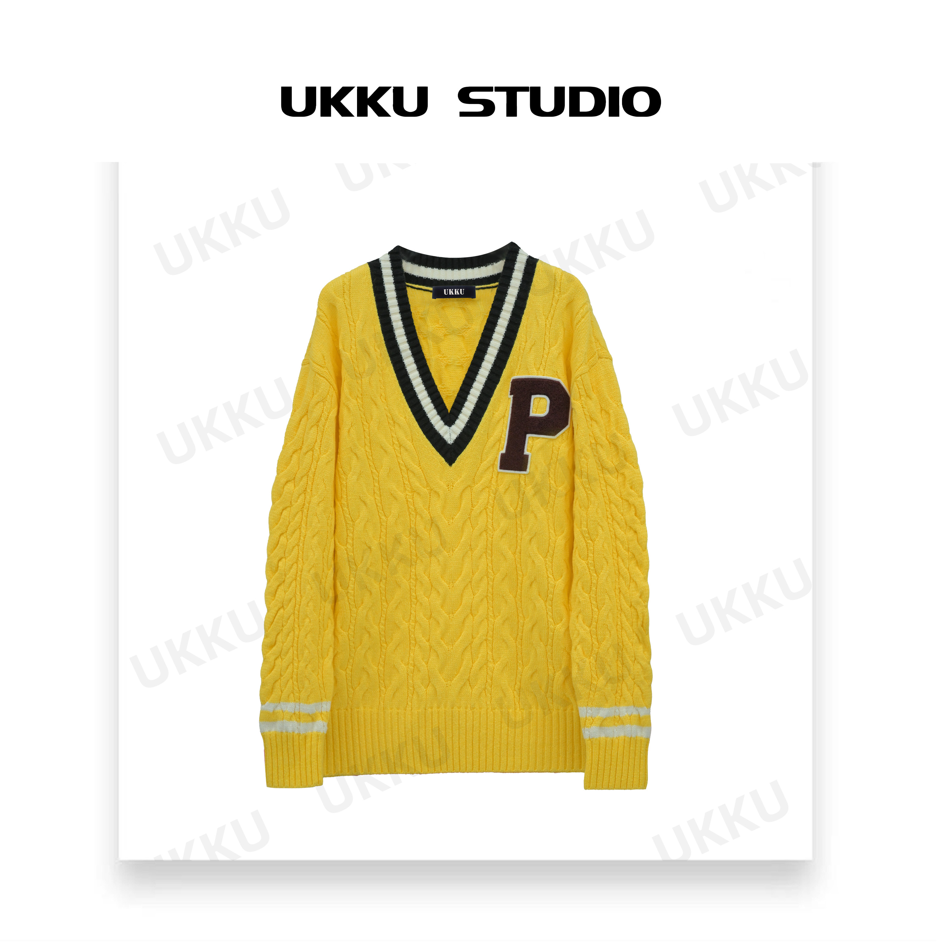 沐【UKKU STUDIO】学院风V领麻花毛衣针织衫女秋冬宽松512785