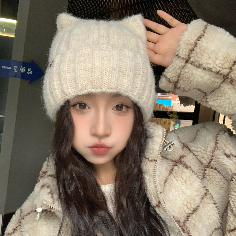 韩版冬季帽子女款猫耳朵可爱针织帽大头围显脸小毛线帽护耳保暖帽