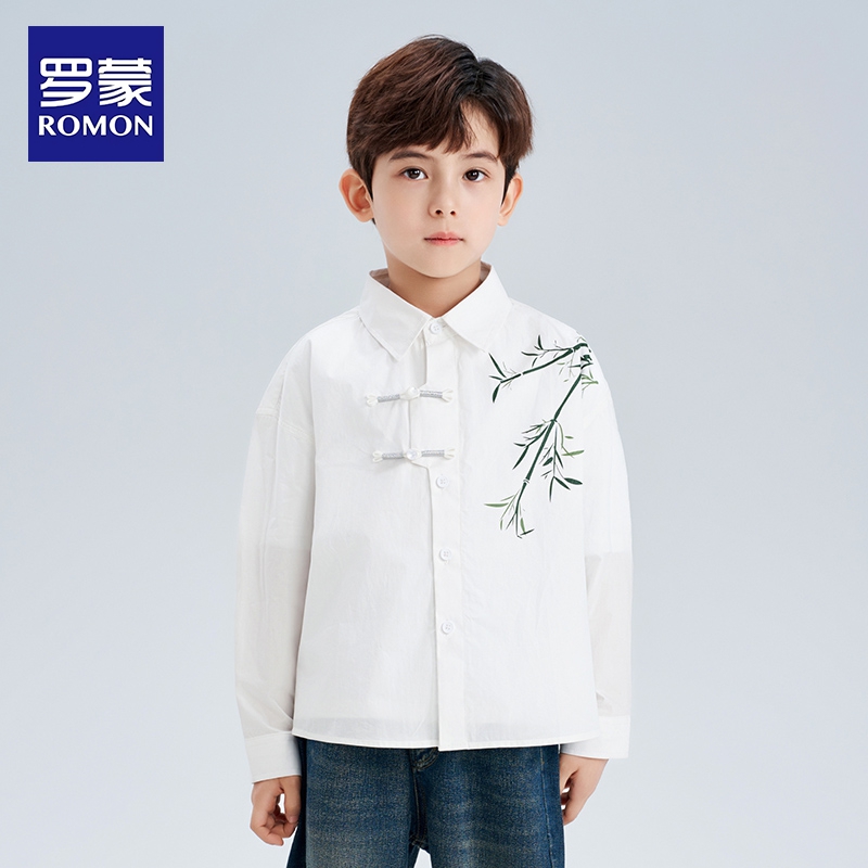 罗蒙儿童国风外套新中式中大男童衬衫男孩百搭春秋装竹子休闲衬衣