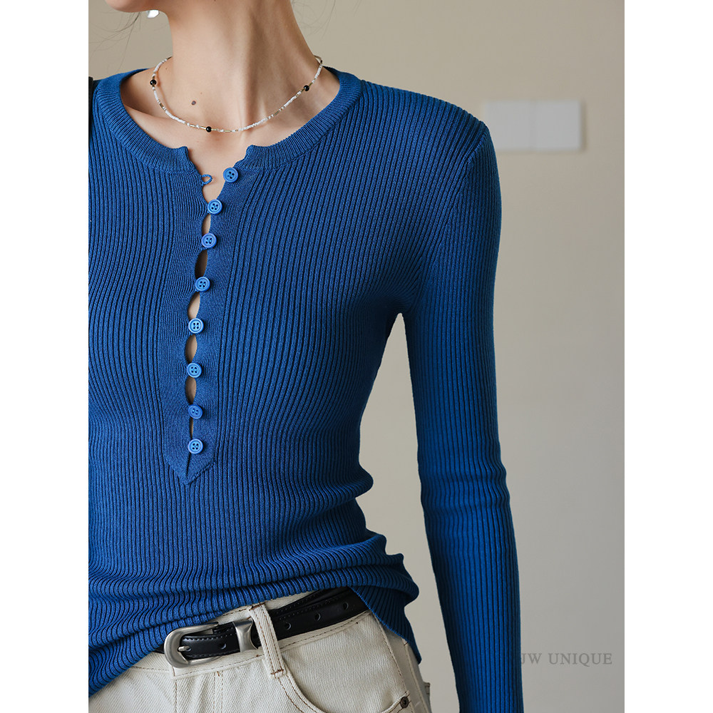 JWUNIQUE酒窝蓝色长袖半开领针织衫女2025年秋冬新款修身显瘦上衣