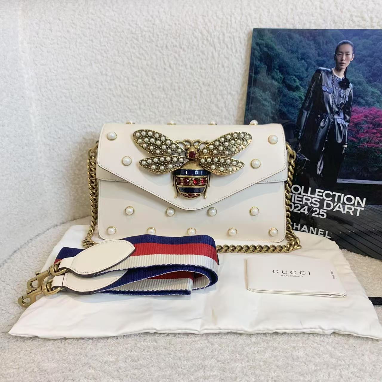 99新 GUCCI/古驰 壹臻/白色玛格丽特蜜蜂 珍珠包 93334534