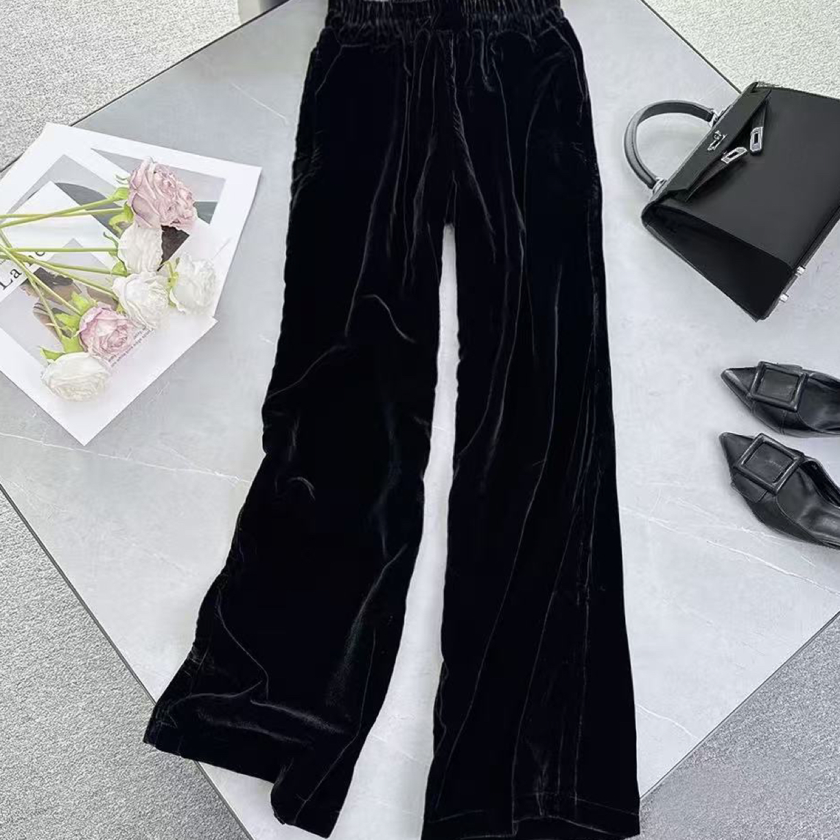 窄版时尚丝绒女款直筒拖地裤显瘦气质休闲百搭网红黑色