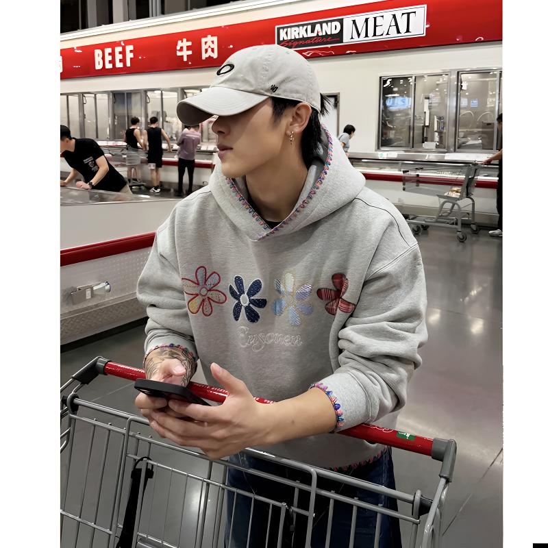 美式卫衣复古潮牌刺绣贴布宽松不起球秋冬加绒保暖连帽花朵外套男