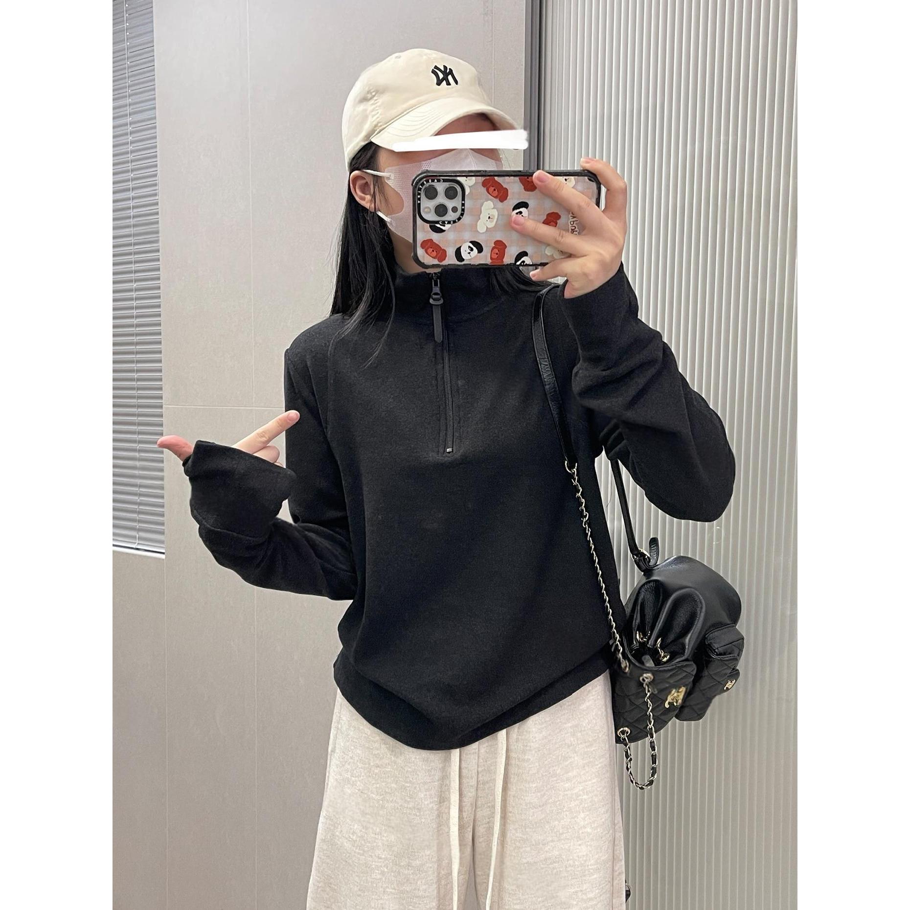 双面德绒T恤~保暖立领半拉链打底衫秋冬新款磨绒正肩卫衣