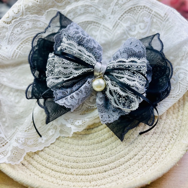 HC0432 黑灰色纱纱蕾丝清新仙女蝴蝶结弹簧夹